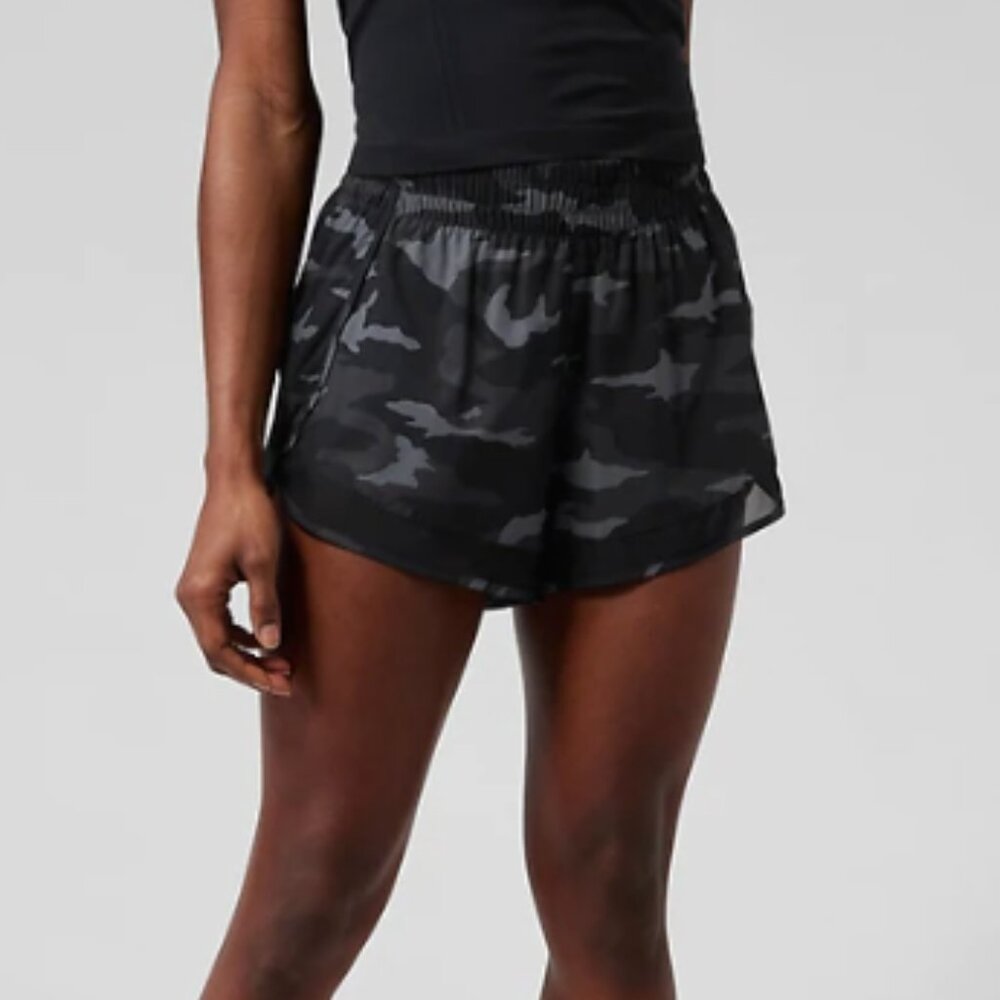 Athleta Printed Mesh Racer Run Short in Black Camo